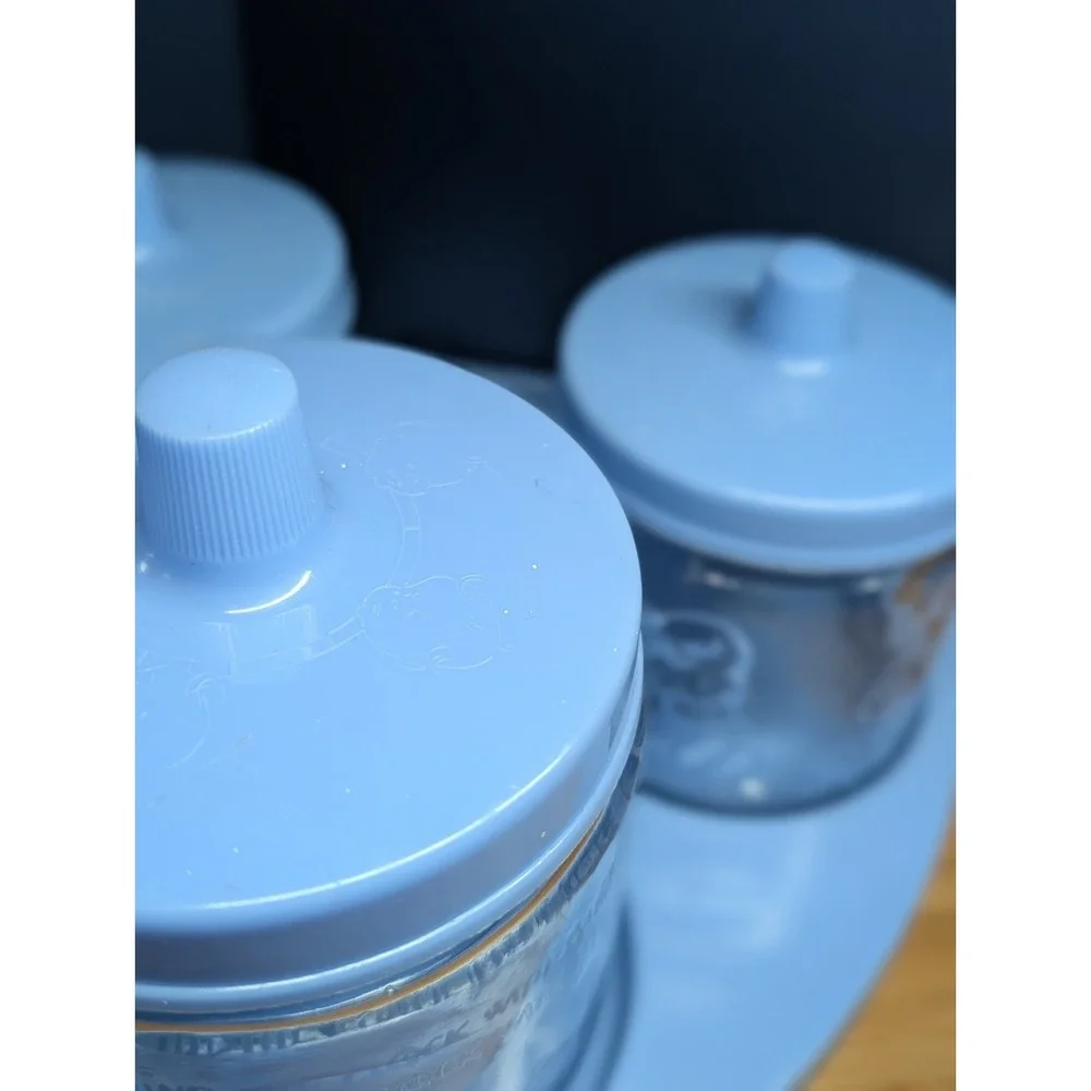 Vintage Baby Nursery BLUE Vanity Changing Table Glass Jar Set W/Tray Lids 1950s